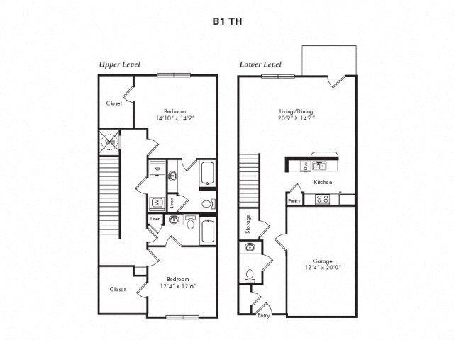 Floor plan for 2 beds, 2.5 baths, 1626 sqft